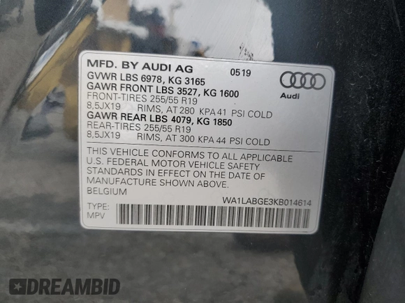 2019 Audi e-tron Premium Plus with VIN WA1LABGE3KB014614, listed as a Copart auction lot 60864165 with 37,718 mi miles and Salvage title. Bid and sale history available at DreamBid. Image 13.