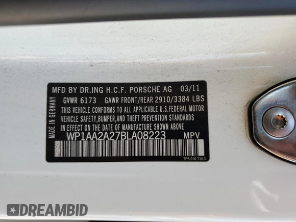 2011 Porsche Cayenne с VIN WP1AA2A27BLA08223, выставлен на аукционе Copart как лот 54278085 с пробегом 270 547 миль миль и На запчасти • Non repairable. История ставок и продаж доступна на DreamBid. Изображение 13.