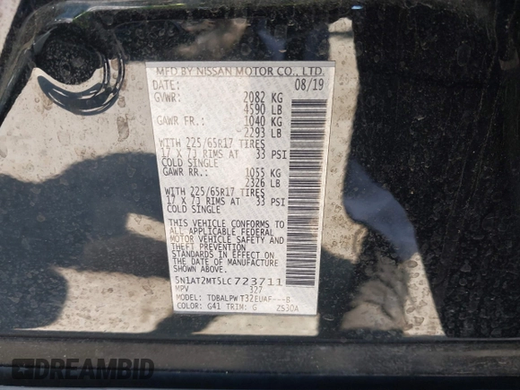2020 Nissan Rogue S with VIN 5N1AT2MT5LC723711, listed as a IAAI auction lot 41996742 with 44,289 mi miles and . Bid and sale history available at DreamBid. Image 9.