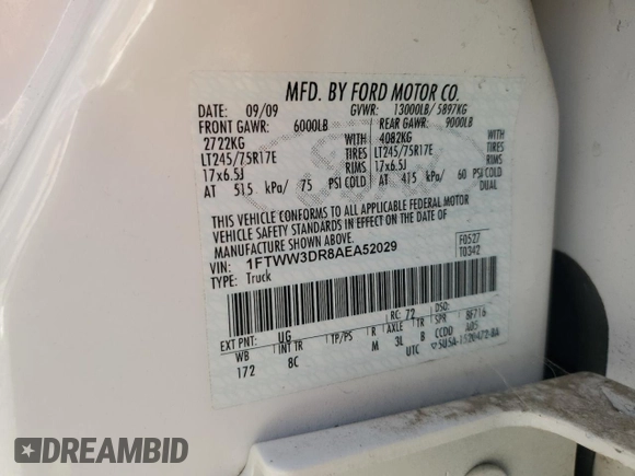 2010 Ford F-350 XL z VIN 1FTWW3DR8AEA52029, wystawiony jako Copart lot #72722354 z przebiegiem 38 030 mil mil oraz Szkoda całkowita • Salvage title. Historia ofert i sprzedaży dostępna na DreamBid. Obrazek 14.