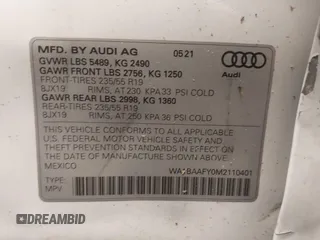 2021 Audi Q5 Premium Plus with VIN WA1BAAFY0M2110401, listed as a IAAI auction lot 42525489 with 50,080 mi miles and . Bid and sale history available at DreamBid. Image 9.