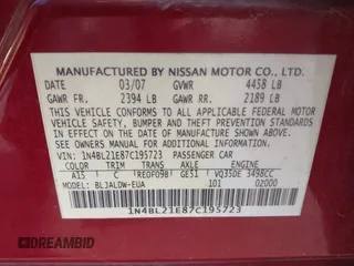 2007 Nissan Altima SL with VIN 1N4BL21E87C195723, listed as a IAAI auction lot 42019209 with 999 mi miles and . Bid and sale history available at DreamBid. Image 9.