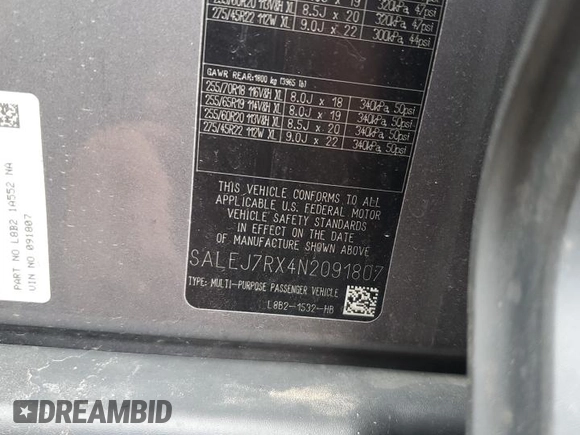 2022 Land Rover Defender S with VIN SALEJ7RX4N2091807, listed as a Copart auction lot 53558115 with Not provided miles and Salvage title. Bid and sale history available at DreamBid. Image 13.
