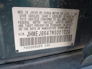 1998 Honda Civic EX with VIN JHMEJ8647WS001024, listed as a IAAI auction lot 41956420 with 198,954 mi miles. Bid and sale history available at carsss.com. Image 9.