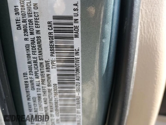 2001 Subaru Legacy Outback L.L. Bean with VIN 4S3BH806317663009, listed as a Copart auction lot 52252515 with 147,492 mi miles and Salvage title. Bid and sale history available at DreamBid. Image 14.