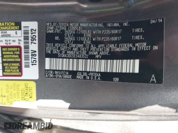 2014 Toyota Sienna LE AAS with VIN 5TDKK3DC5ES483532, listed as a IAAI auction lot 41905911 with 122,392 mi miles and . Bid and sale history available at DreamBid. Image 9.