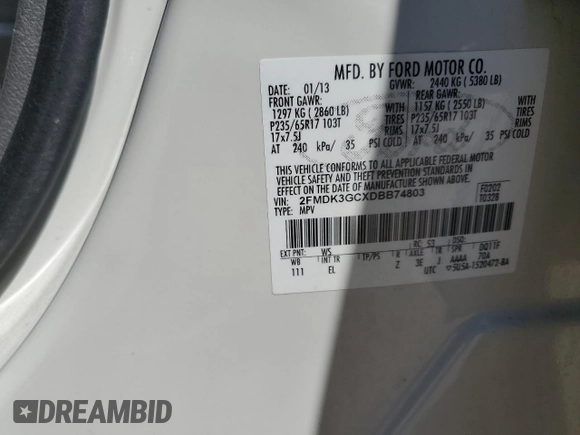 2013 Ford Edge SE z VIN 2FMDK3GCXDBB74803, wystawiony jako Copart lot #62902285 z przebiegiem 142 378 mil mil oraz Szkoda całkowita • Salvage title. Historia ofert i sprzedaży dostępna na DreamBid. Obrazek 13.