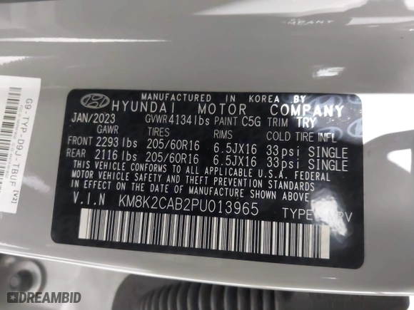 2023 Hyundai Kona SE with VIN KM8K2CAB2PU013965, listed as a IAAI auction lot 41572552 with 39,557 mi miles. Bid and sale history available at carsss.com. Image 9.