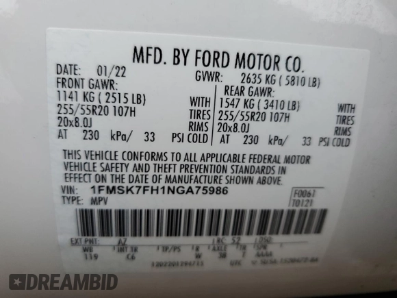 2022 Ford Explorer Limited z VIN 1FMSK7FH1NGA75986, wystawiony jako Copart lot #51302405 z przebiegiem 68 684 mil mil oraz Szkoda całkowita • Salvage title. Historia ofert i sprzedaży dostępna na DreamBid. Obrazek 15.
