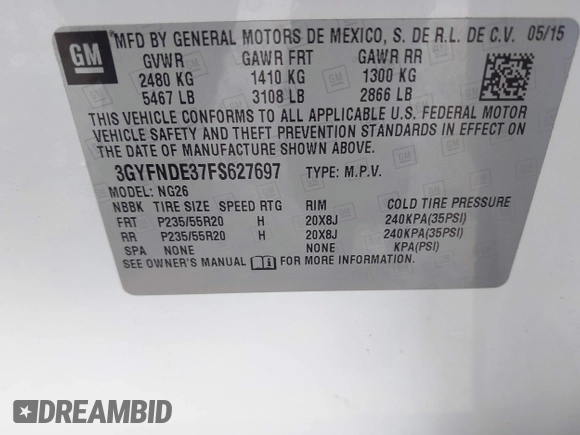 2015 Cadillac SRX Premium Collection with VIN 3GYFNDE37FS627697, listed as a IAAI auction lot 42354811 with 64,135 mi miles and . Bid and sale history available at DreamBid. Image 9.