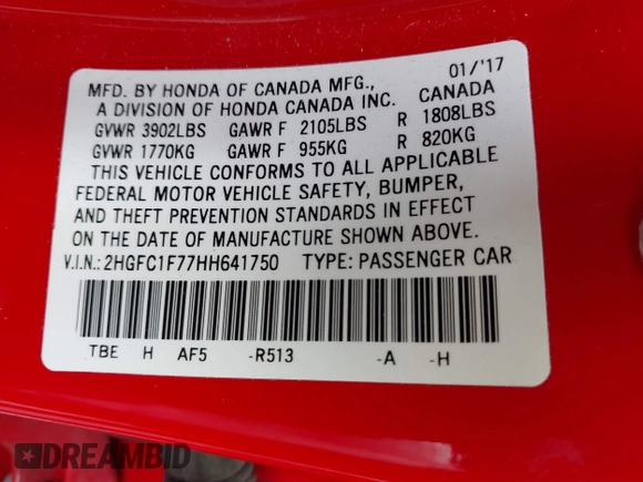 2017 Honda Civic Sedan EX-L with VIN 2HGFC1F77HH641750, listed as a IAAI auction lot 42029918 with 75,924 mi miles. Bid and sale history available at carsss.com. Image 9.