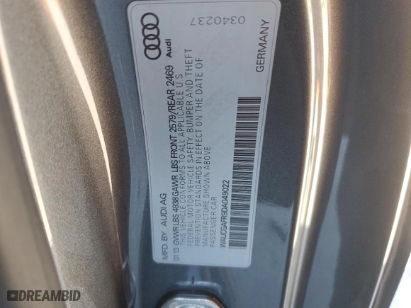 2013 Audi S5 Premium Plus with VIN WAUCGAFR9DA049022, listed as a Copart auction lot 88992455 with 140439 miles and Salvage Title. Bid and sale history available at carsss.com. Image 12.