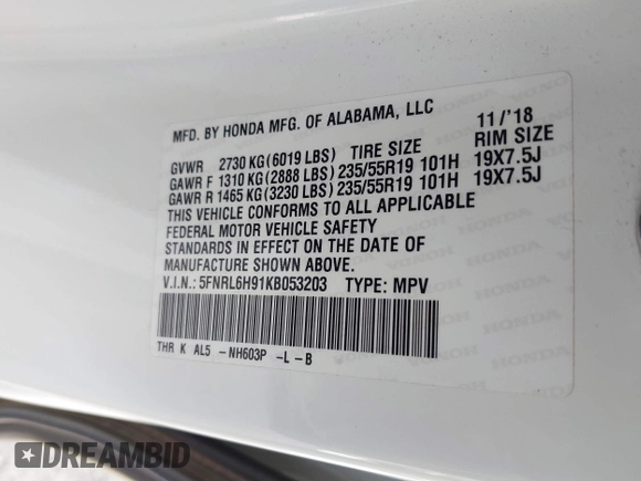 2019 Honda Odyssey Elite with VIN 5FNRL6H91KB053203, listed as a IAAI auction lot 41866308 with 84,700 mi miles and . Bid and sale history available at DreamBid. Image 9.