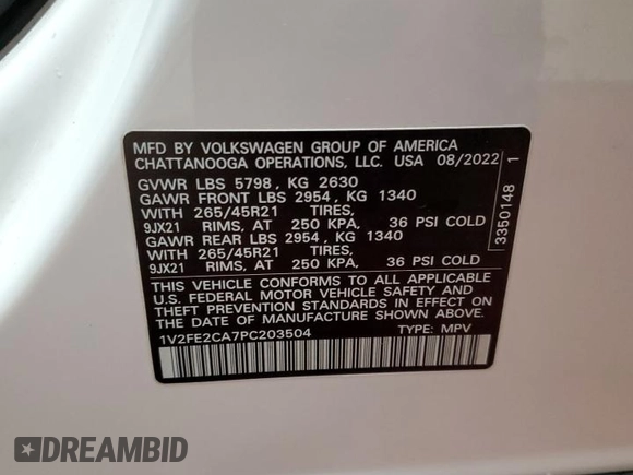 2023 Volkswagen Atlas SEL Premium R-Line с VIN 1V2FE2CA7PC203504, выставлен на аукционе Copart как лот 57632605 с пробегом 47 875 миль миль и Списание • Salvage title. История ставок и продаж доступна на DreamBid. Изображение 13.
