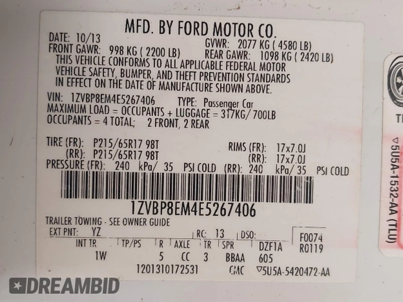 2014 Ford Mustang V6 with VIN 1ZVBP8EM4E5267406, listed as a IAAI auction lot 41752563 with 84,823 mi miles. Bid and sale history available at carsss.com. Image 9.