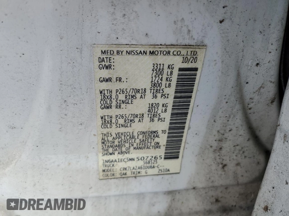 2021 Nissan Titan S with VIN 1N6AA1EC5MN507265, listed as a Copart auction lot 88910405 with 99,240 mi miles and Clean title. Bid and sale history available at DreamBid. Image 12.