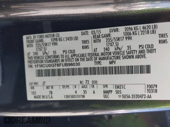 2015 Ford Escape SE with VIN 1FMCU0G78FUB96030, listed as a IAAI auction lot 41949876 with 172,940 mi miles. Bid and sale history available at carsss.com. Image 9.