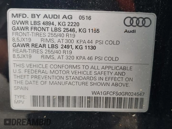 2016 Audi Q3 Prestige z VIN WA1GFCFS0GR024547, wystawiony jako Copart lot #59805545 z przebiegiem 57 923 mil mil oraz Szkoda całkowita • Salvage title. Historia ofert i sprzedaży dostępna na DreamBid. Obrazek 13.