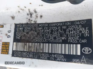 2007 Toyota Prius with VIN JTDKB20U577650008, listed as a IAAI auction lot 42171792 with 180,466 mi miles and . Bid and sale history available at DreamBid. Image 9.
