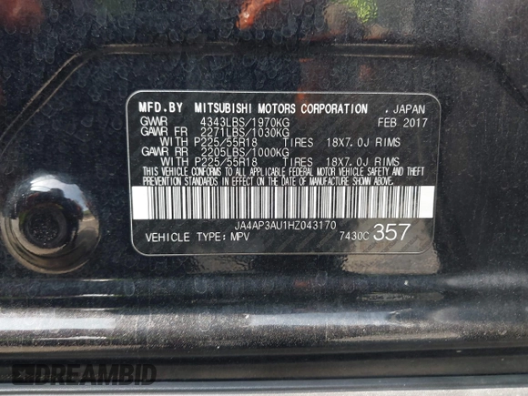 2017 Mitsubishi Outlander ES with VIN JA4AP3AU1HZ043170, listed as a IAAI auction lot 42474201 with 104,712 mi miles and . Bid and sale history available at DreamBid. Image 9.