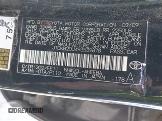 2009 Toyota Prius with VIN JTDKB20U493539878, listed as a IAAI auction lot 42189644 with 180,732 mi miles. Bid and sale history available at carsss.com. Image 9.