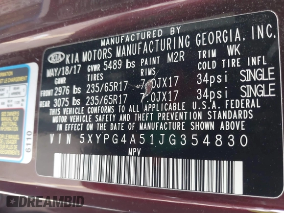 2018 Kia Sorento LX with VIN 5XYPG4A51JG354830, listed as a IAAI auction lot 41507165 with 99,598 mi miles and . Bid and sale history available at DreamBid. Image 9.