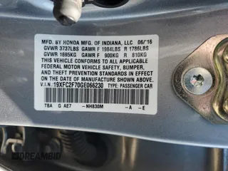 2016 Honda Civic EX with VIN 19XFC2F70GE066230, listed as a Copart auction lot 56162955 with 43,372 mi miles and Salvage Title. Bid and sale history available at DreamBid. Image 12.