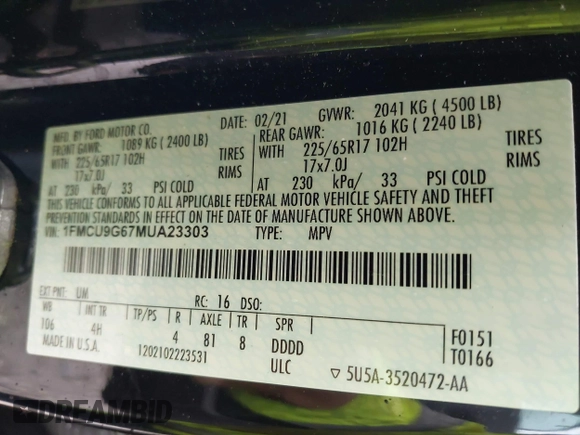 2021 Ford Escape SE with VIN 1FMCU9G67MUA23303, listed as a IAAI auction lot 42232319 with 12,694 mi miles and . Bid and sale history available at DreamBid. Image 9.