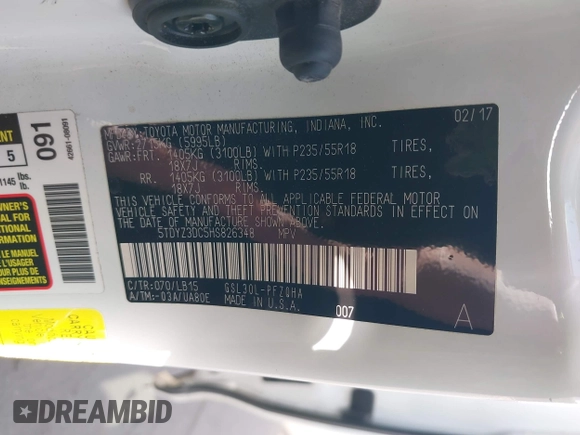 2017 Toyota Sienna XLE Auto Access Seat with VIN 5TDYZ3DC5HS826348, listed as a IAAI auction lot 42083865 with 81,439 mi miles and . Bid and sale history available at DreamBid. Image 9.
