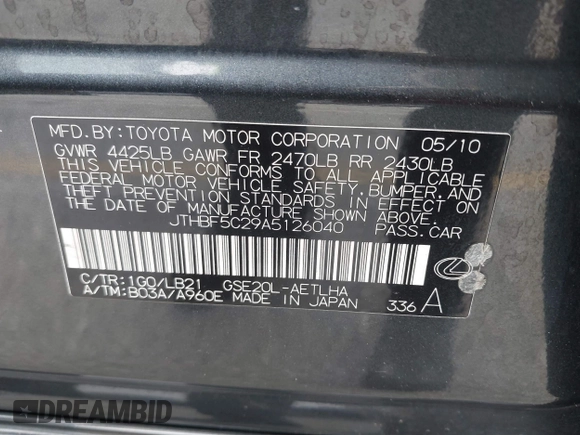 2010 Lexus IS 250 with VIN JTHBF5C29A5126040, listed as a IAAI auction lot 42143287 with 141,852 mi miles and . Bid and sale history available at DreamBid. Image 9.
