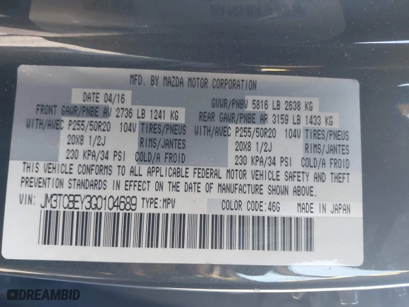 2016 Mazda CX-9 Signature with VIN JM3TCBEY3G0104689, listed as a IAAI auction lot 41257053 with 116,486 mi miles. Bid and sale history available at carsss.com. Image 9.