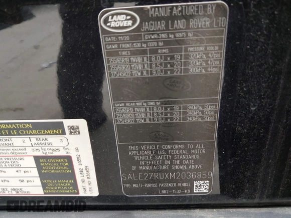 2021 Land Rover Defender X-Dynamic SE with VIN SALE27RUXM2036859, listed as a IAAI auction lot 42096240 with 79,959 mi miles and . Bid and sale history available at DreamBid. Image 9.