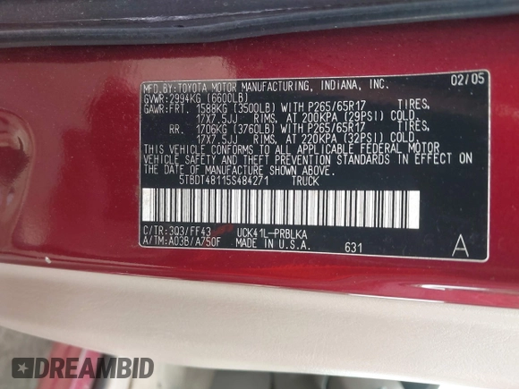 2005 Toyota Tundra Limited with VIN 5TBDT48115S484271, listed as a IAAI auction lot 41997262 with 177,280 mi miles and . Bid and sale history available at DreamBid. Image 9.