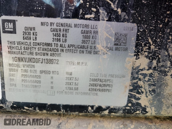 2015 Chevrolet Traverse LTZ with VIN 1GNKVJKD0FJ138972, listed as a Copart auction lot 47435975 with 96,169 mi miles and Salvage Title. Bid and sale history available at DreamBid. Image 14.