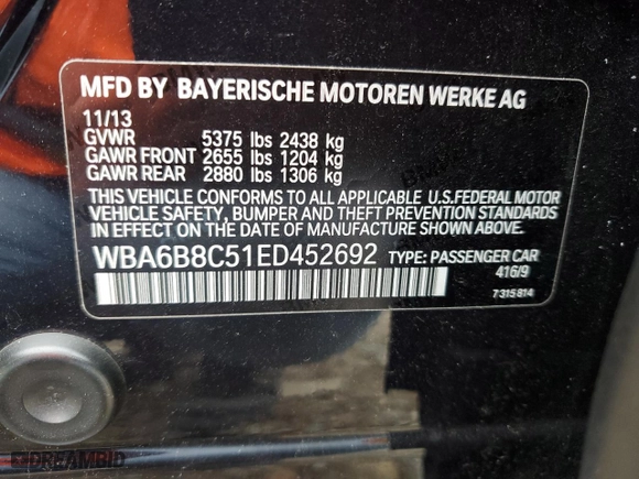2014 BMW 6 Series 640i xDrive with VIN WBA6B8C51ED452692, listed as a Copart auction lot 72366124 with 123,101 mi miles and Salvage Title. Bid and sale history available at carsss.com. Image 13.