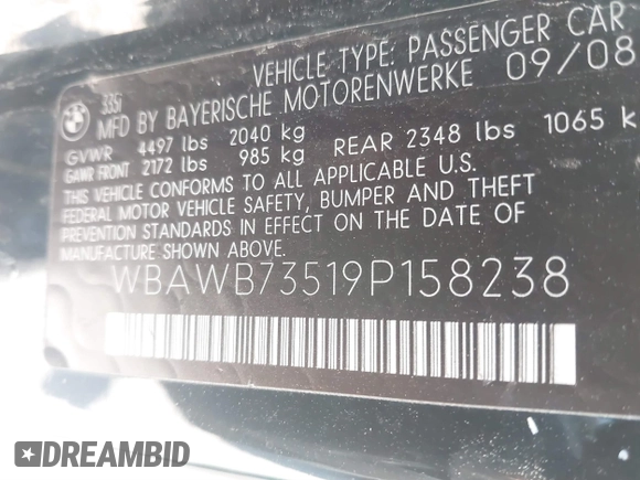 2009 BMW 3 Series 335i с VIN WBAWB73519P158238, выставлен на аукционе IAAI как лот 41720560 с пробегом 154 846 миль миль и . История ставок и продаж доступна на DreamBid. Изображение 9.