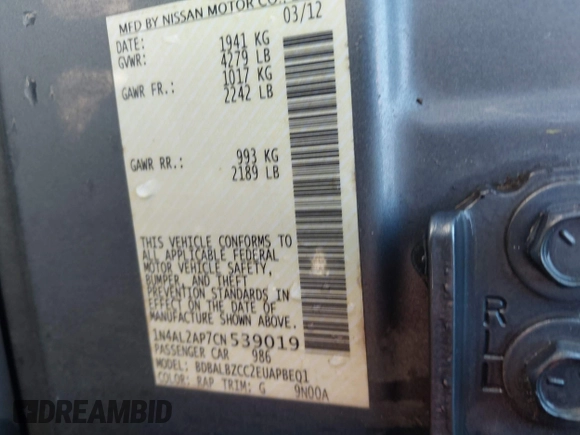 2012 Nissan Altima 2.5 with VIN 1N4AL2AP7CN539019, listed as a IAAI auction lot 41994924 with 151,751 mi miles and . Bid and sale history available at DreamBid. Image 9.