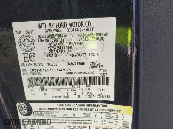 2012 Ford F-150 XL с VIN 1FTFW1EF1CFB47926, выставлен на аукционе IAAI как лот 41772472 с пробегом 124 408 миль миль и . История ставок и продаж доступна на DreamBid. Изображение 9.