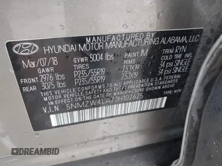 2018 Hyundai Santa Fe Ultimate с VIN 5NMZW4LA7JH102625, выставлен на аукционе IAAI как лот 41531813 с пробегом 65 533 миль миль и . История ставок и продаж доступна на DreamBid. Изображение 9.