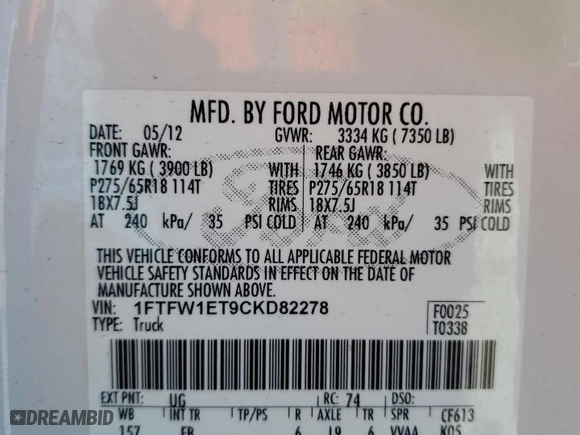 2012 Ford F-150 XL with VIN 1FTFW1ET9CKD82278, listed as a Copart auction lot 44382535 with 178,777 mi miles and Salvage Title. Bid and sale history available at carsss.com. Image 15.
