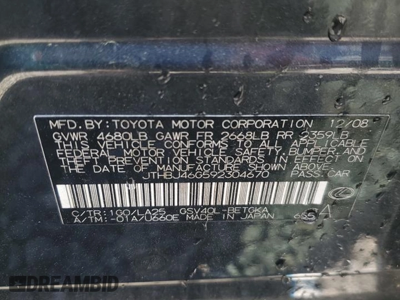 2009 Lexus ES 330 with VIN JTHBJ46G592304670, listed as a Copart auction lot 53319345 with 218,569 mi miles and Salvage Title. Bid and sale history available at DreamBid. Image 12.