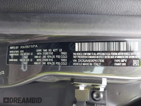 2019 Jeep Renegade Sport with VIN ZACNJAAB3KPK17836, listed as a IAAI auction lot 42351057 with 52,318 mi miles and . Bid and sale history available at DreamBid. Image 9.