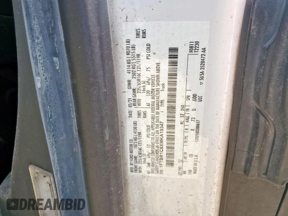 2021 Ford Transit Cargo with VIN 1FTBR1C8XMKA19347, listed as a Copart auction lot 54431575 with 161,668 mi miles and Salvage title. Bid and sale history available at DreamBid. Image 13.