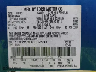 2013 Ford F-150 XL with VIN 1FTFW1CF4DFD22741, listed as a IAAI auction lot 41142876 with 1 mi miles. Bid and sale history available at carsss.com. Image 9.