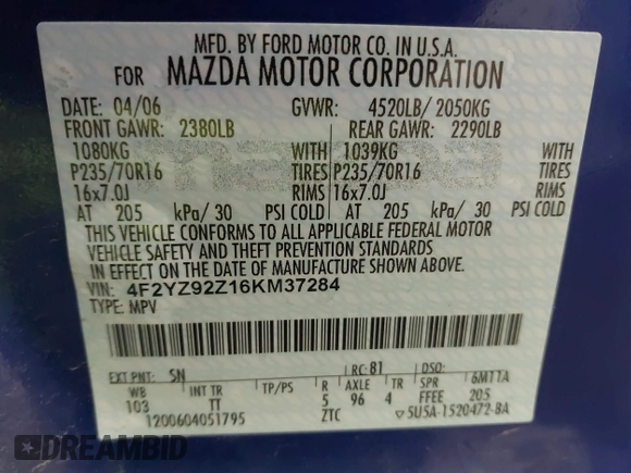 2006 Mazda Tribute i with VIN 4F2YZ92Z16KM37284, listed as a IAAI auction lot 41755952 with 129,284 mi miles and . Bid and sale history available at carsss.com. Image 9.