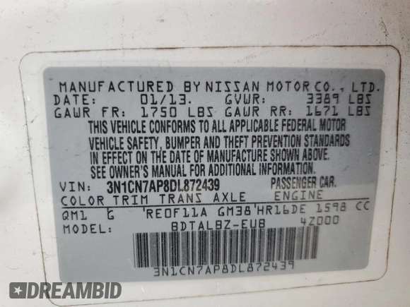 2013 Nissan Versa S Plus z VIN 3N1CN7AP8DL872439, wystawiony jako Copart lot #55120295 z przebiegiem 169 605 mil mil oraz Szkoda całkowita • Salvage title. Historia ofert i sprzedaży dostępna na DreamBid. Obrazek 12.
