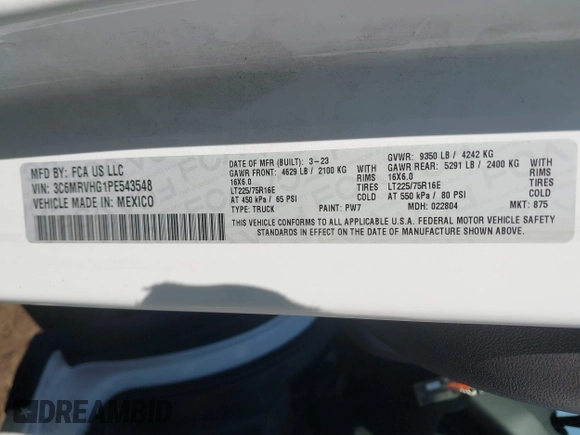 2023 Ram ProMaster Cargo with VIN 3C6MRVHG1PE543548, listed as a IAAI auction lot 41616864 with 41,453 mi miles. Bid and sale history available at carsss.com. Image 9.
