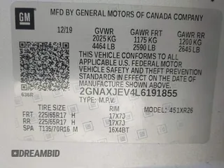 2020 Chevrolet Equinox LT with VIN 2GNAXJEV4L6191855, listed as a IAAI auction lot 42115036 with 131,489 mi miles and . Bid and sale history available at DreamBid. Image 9.