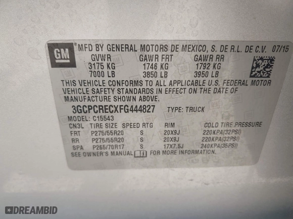 2015 Chevrolet Silverado 1500 LT with VIN 3GCPCRECXFG444827, listed as a IAAI auction lot 41928564 with 146,167 mi miles. Bid and sale history available at carsss.com. Image 9.