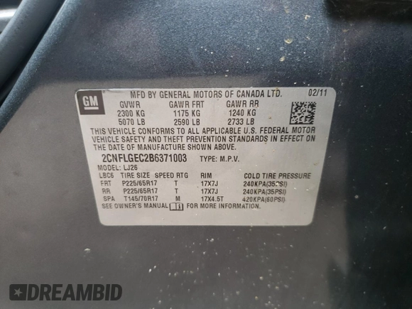 2011 Chevrolet Equinox LTZ z VIN 2CNFLGEC2B6371003, wystawiony jako Copart lot #61027065 z przebiegiem 139 164 mil mil oraz Czysty tytuł • Clean title. Historia ofert i sprzedaży dostępna na DreamBid. Obrazek 12.